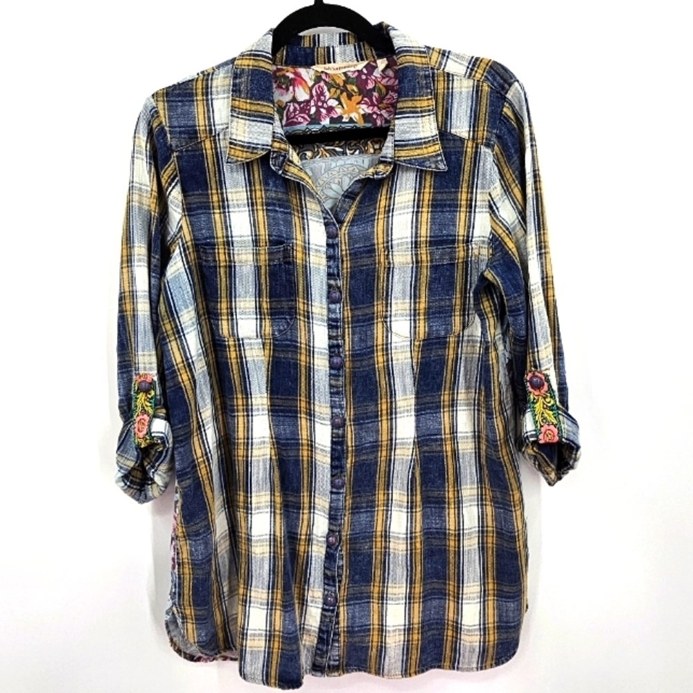 Soft Surroundings Plaid Floral Patchwork Button Down Shirt Size M